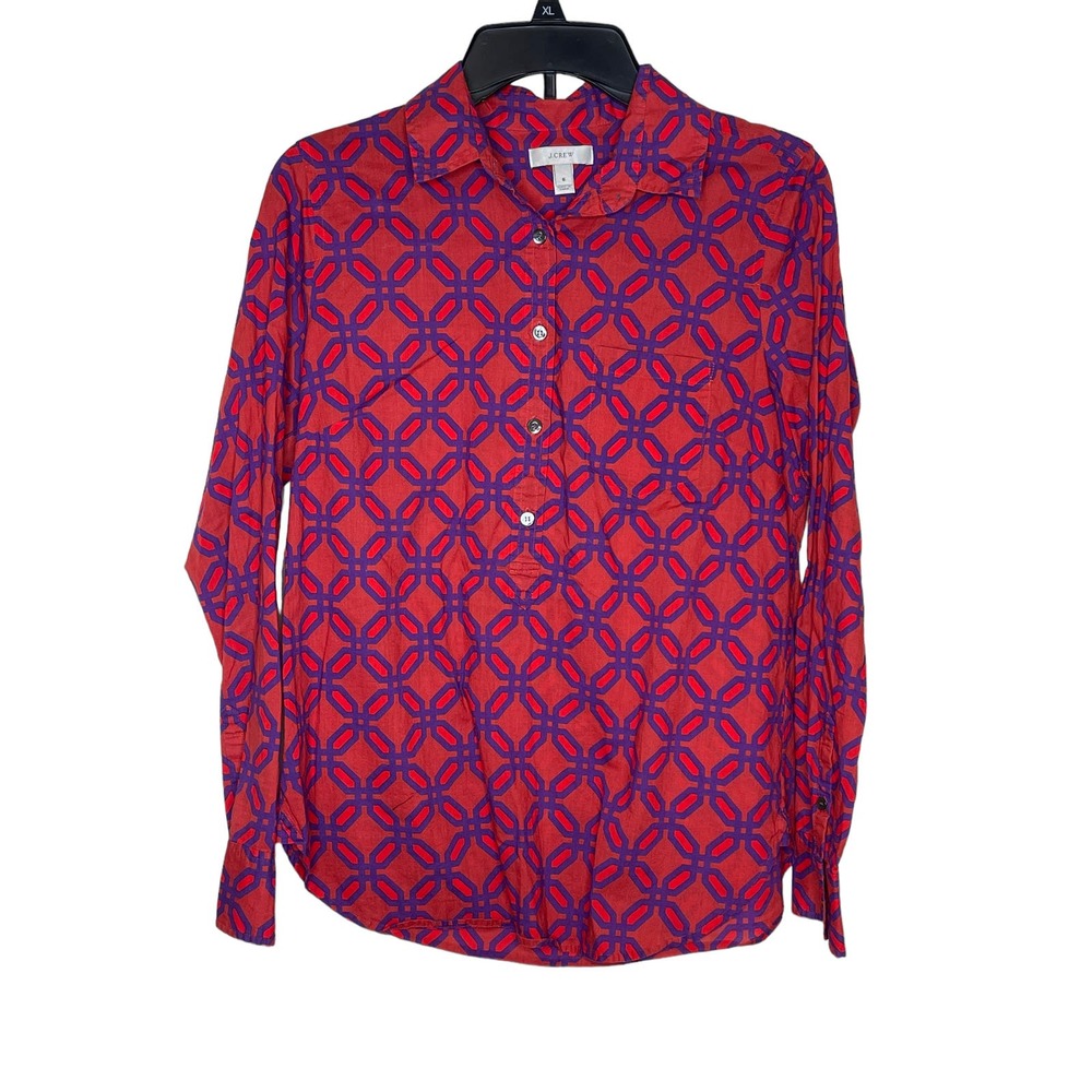 J.Crew Women's Top Collar Front‎ Button Geometric Print Long Sleeve Multicolor 6